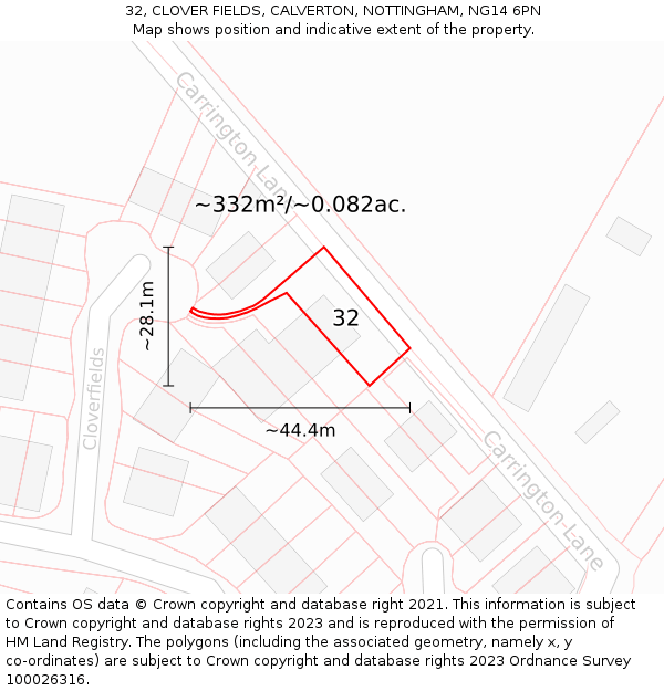 32, CLOVER FIELDS, CALVERTON, NOTTINGHAM, NG14 6PN: Plot and title map