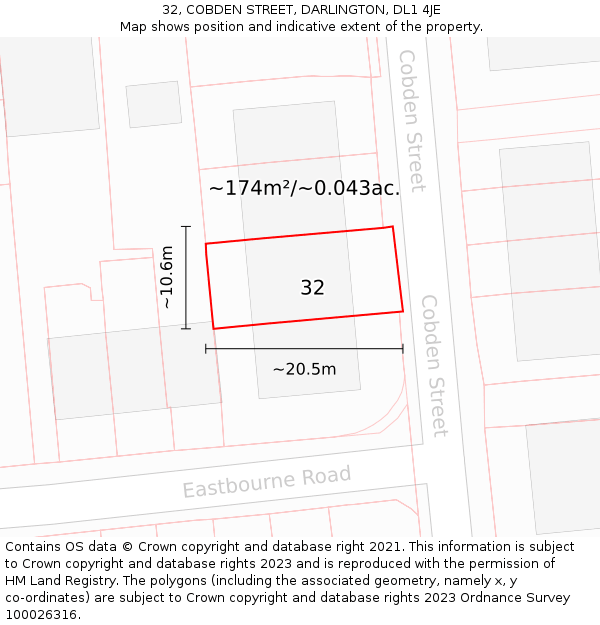 32, COBDEN STREET, DARLINGTON, DL1 4JE: Plot and title map