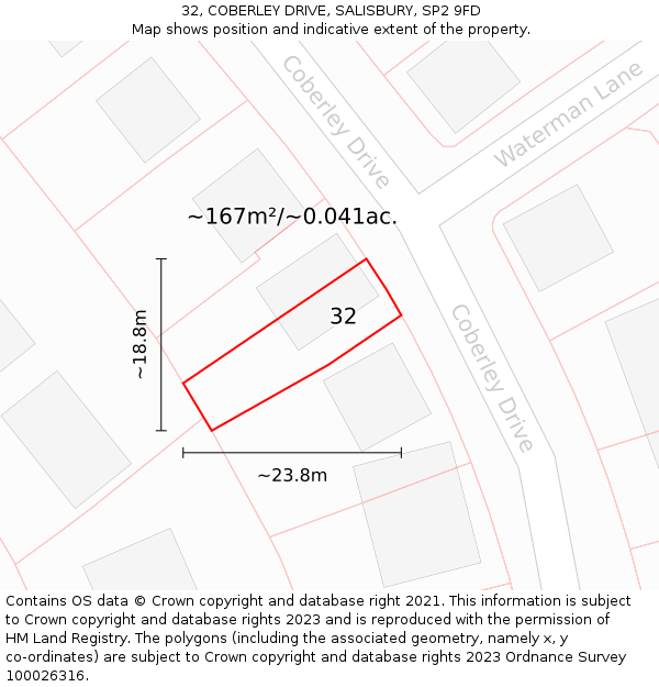 32, COBERLEY DRIVE, SALISBURY, SP2 9FD: Plot and title map