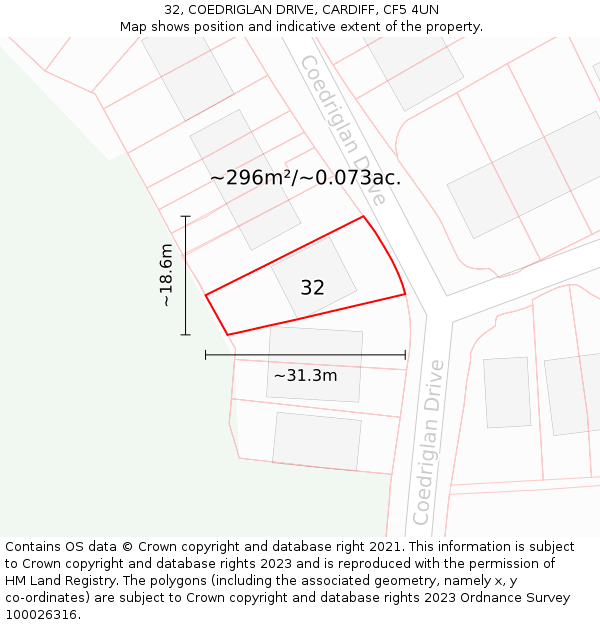32, COEDRIGLAN DRIVE, CARDIFF, CF5 4UN: Plot and title map