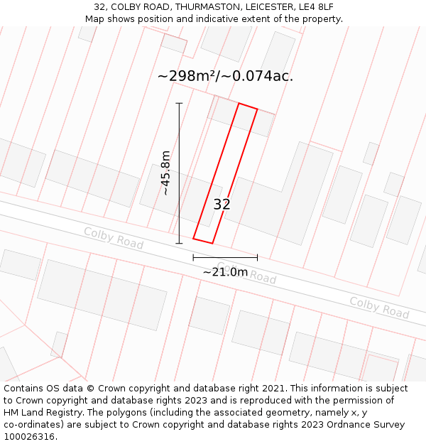 32, COLBY ROAD, THURMASTON, LEICESTER, LE4 8LF: Plot and title map