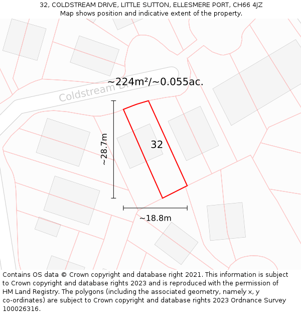 32, COLDSTREAM DRIVE, LITTLE SUTTON, ELLESMERE PORT, CH66 4JZ: Plot and title map