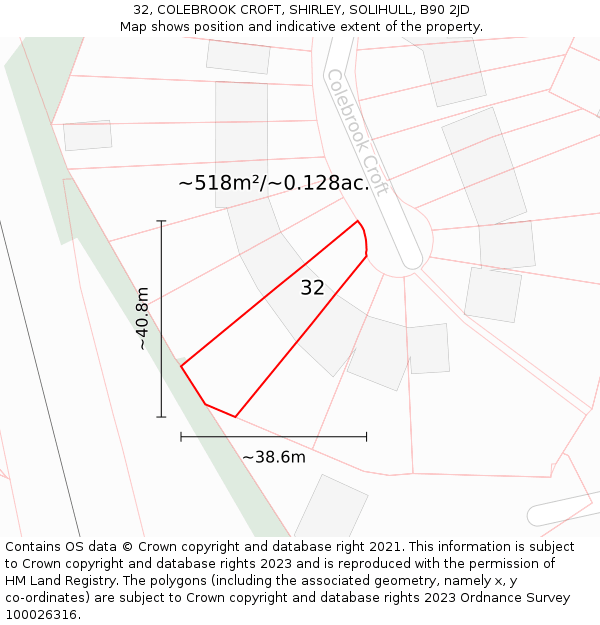 32, COLEBROOK CROFT, SHIRLEY, SOLIHULL, B90 2JD: Plot and title map