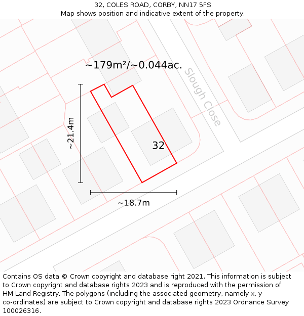 32, COLES ROAD, CORBY, NN17 5FS: Plot and title map
