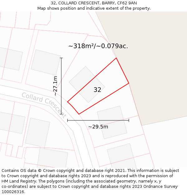 32, COLLARD CRESCENT, BARRY, CF62 9AN: Plot and title map
