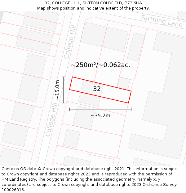 32, COLLEGE HILL, SUTTON COLDFIELD, B73 6HA: Plot and title map