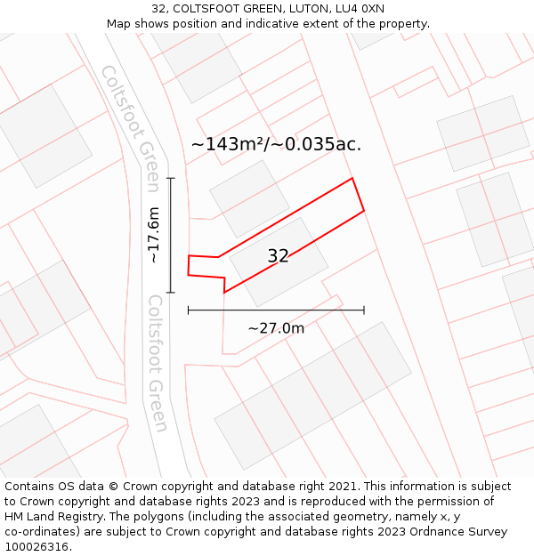 32, COLTSFOOT GREEN, LUTON, LU4 0XN: Plot and title map