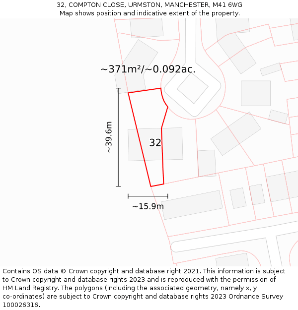 32, COMPTON CLOSE, URMSTON, MANCHESTER, M41 6WG: Plot and title map