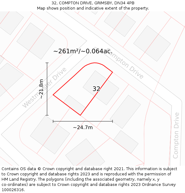 32, COMPTON DRIVE, GRIMSBY, DN34 4PB: Plot and title map