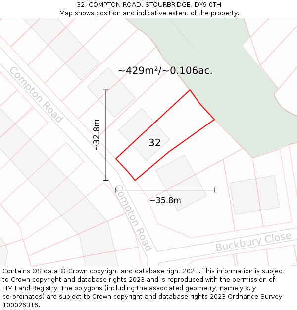 32, COMPTON ROAD, STOURBRIDGE, DY9 0TH: Plot and title map