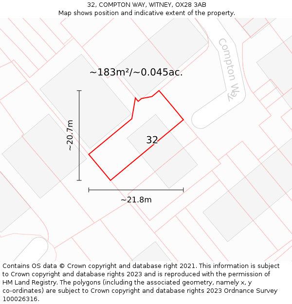 32, COMPTON WAY, WITNEY, OX28 3AB: Plot and title map