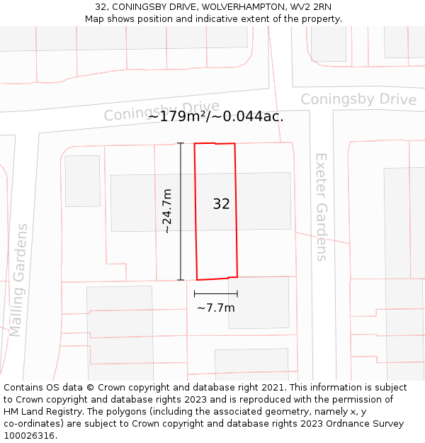 32, CONINGSBY DRIVE, WOLVERHAMPTON, WV2 2RN: Plot and title map