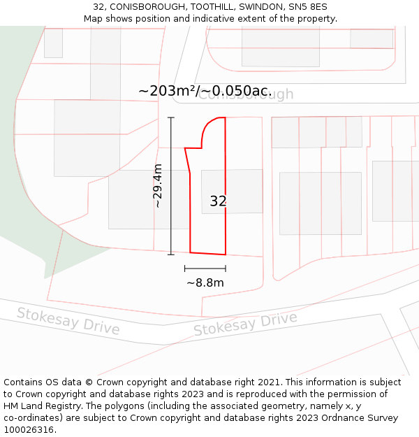 32, CONISBOROUGH, TOOTHILL, SWINDON, SN5 8ES: Plot and title map