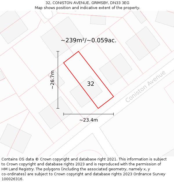 32, CONISTON AVENUE, GRIMSBY, DN33 3EG: Plot and title map