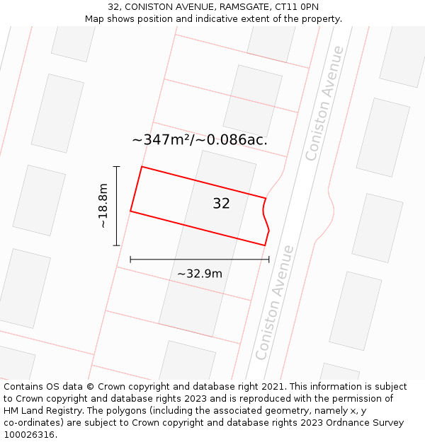 32, CONISTON AVENUE, RAMSGATE, CT11 0PN: Plot and title map