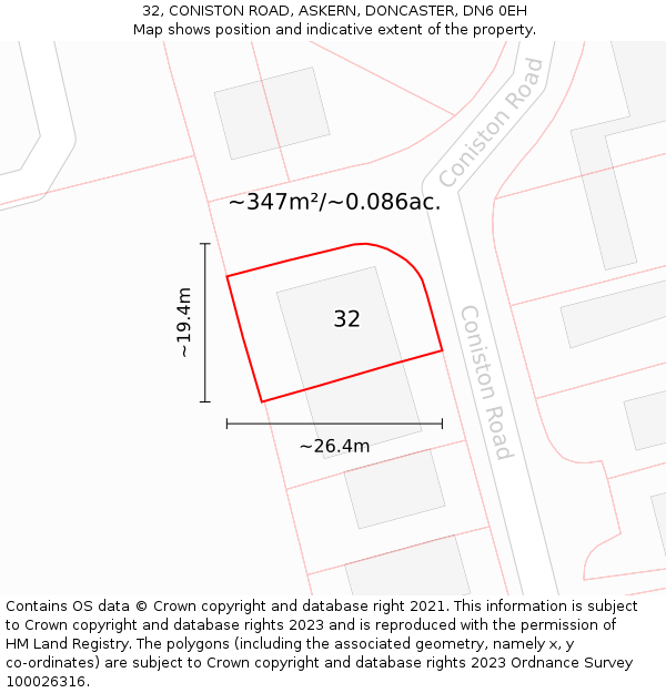 32, CONISTON ROAD, ASKERN, DONCASTER, DN6 0EH: Plot and title map
