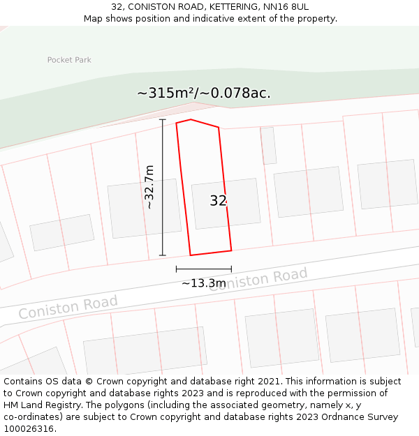 32, CONISTON ROAD, KETTERING, NN16 8UL: Plot and title map