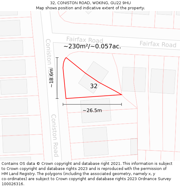 32, CONISTON ROAD, WOKING, GU22 9HU: Plot and title map