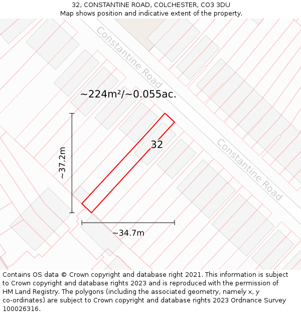 32, CONSTANTINE ROAD, COLCHESTER, CO3 3DU: Plot and title map