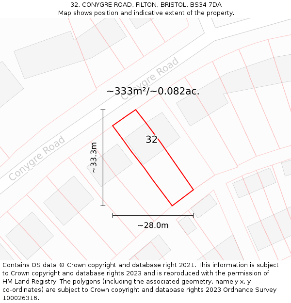 32, CONYGRE ROAD, FILTON, BRISTOL, BS34 7DA: Plot and title map