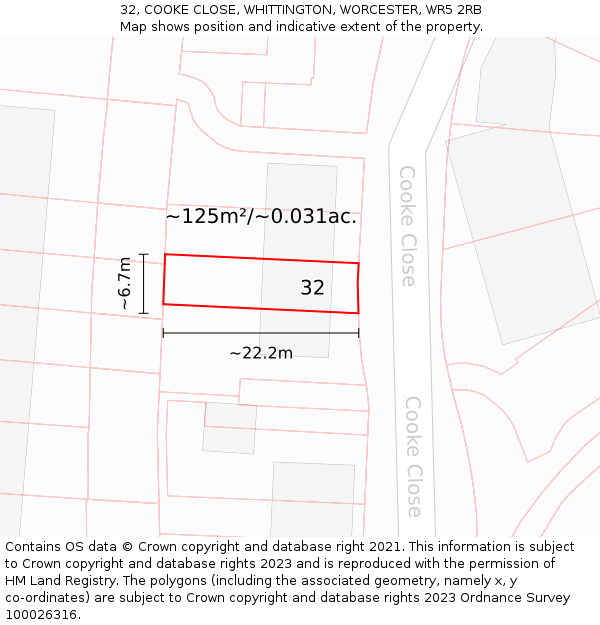 32, COOKE CLOSE, WHITTINGTON, WORCESTER, WR5 2RB: Plot and title map
