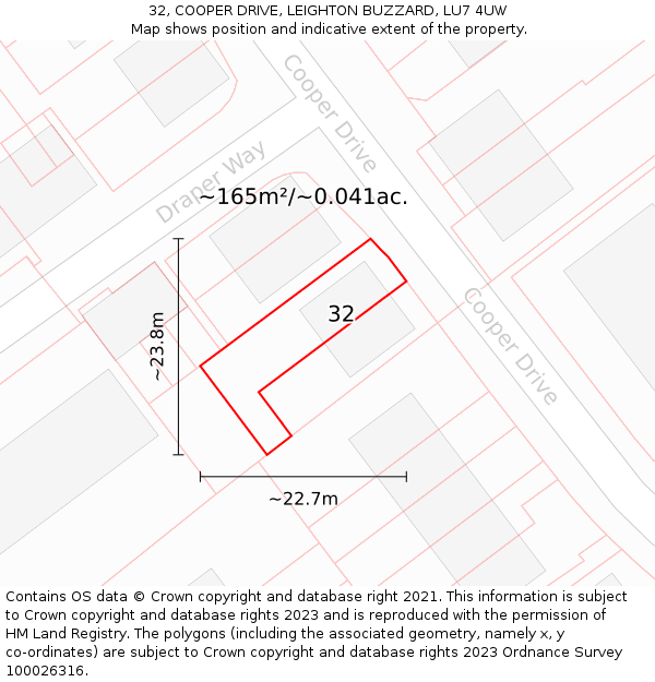 32, COOPER DRIVE, LEIGHTON BUZZARD, LU7 4UW: Plot and title map