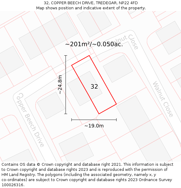32, COPPER BEECH DRIVE, TREDEGAR, NP22 4FD: Plot and title map