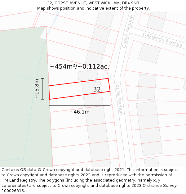 32, COPSE AVENUE, WEST WICKHAM, BR4 9NR: Plot and title map