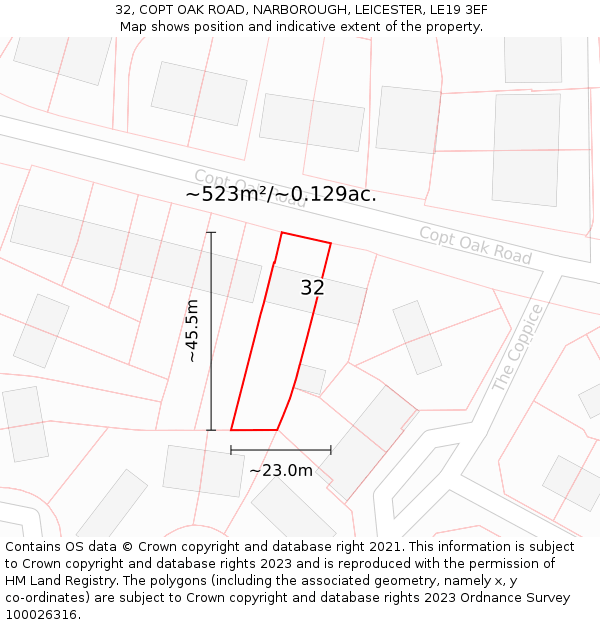 32, COPT OAK ROAD, NARBOROUGH, LEICESTER, LE19 3EF: Plot and title map