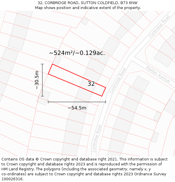 32, CORBRIDGE ROAD, SUTTON COLDFIELD, B73 6NW: Plot and title map