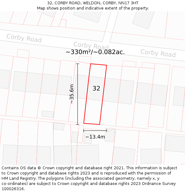 32, CORBY ROAD, WELDON, CORBY, NN17 3HT: Plot and title map