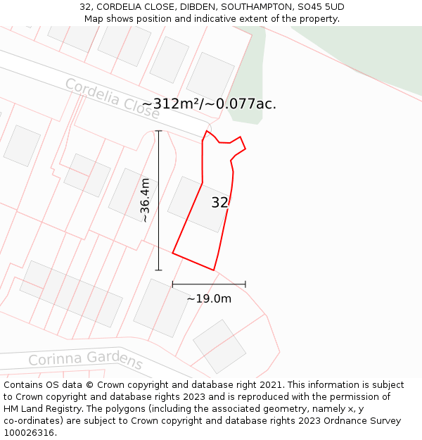 32, CORDELIA CLOSE, DIBDEN, SOUTHAMPTON, SO45 5UD: Plot and title map
