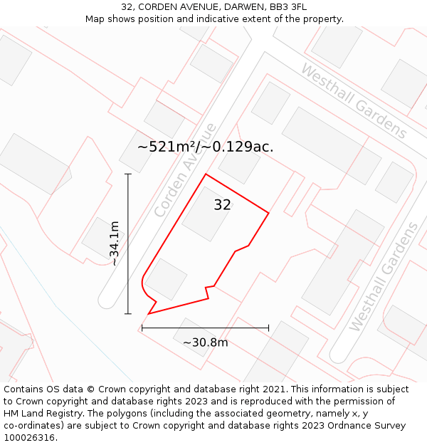 32, CORDEN AVENUE, DARWEN, BB3 3FL: Plot and title map