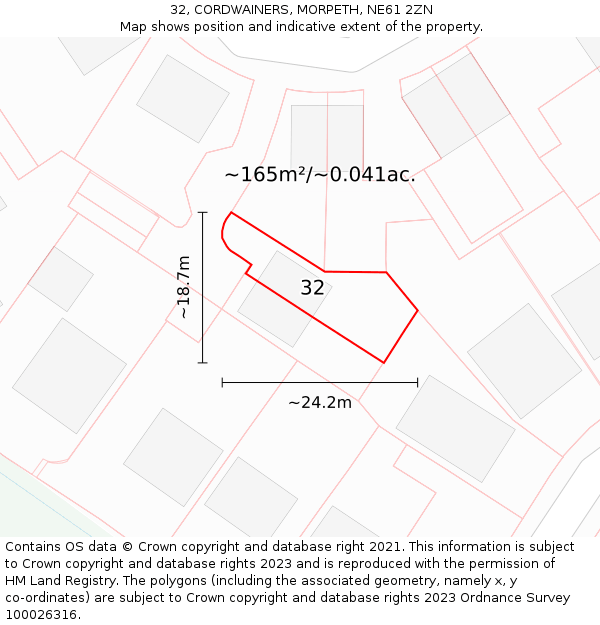 32, CORDWAINERS, MORPETH, NE61 2ZN: Plot and title map