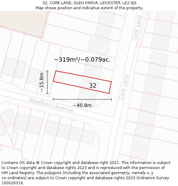 32, CORK LANE, GLEN PARVA, LEICESTER, LE2 9JS: Plot and title map