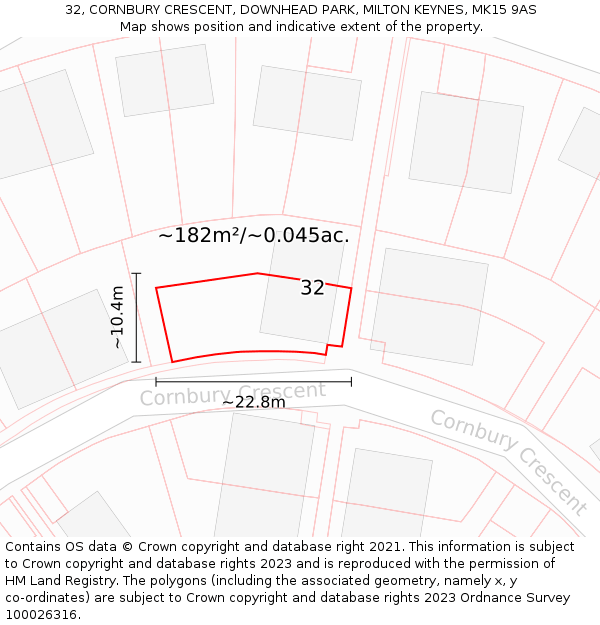 32, CORNBURY CRESCENT, DOWNHEAD PARK, MILTON KEYNES, MK15 9AS: Plot and title map