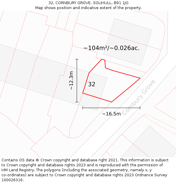 32, CORNBURY GROVE, SOLIHULL, B91 1JG: Plot and title map