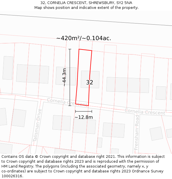 32, CORNELIA CRESCENT, SHREWSBURY, SY2 5NA: Plot and title map