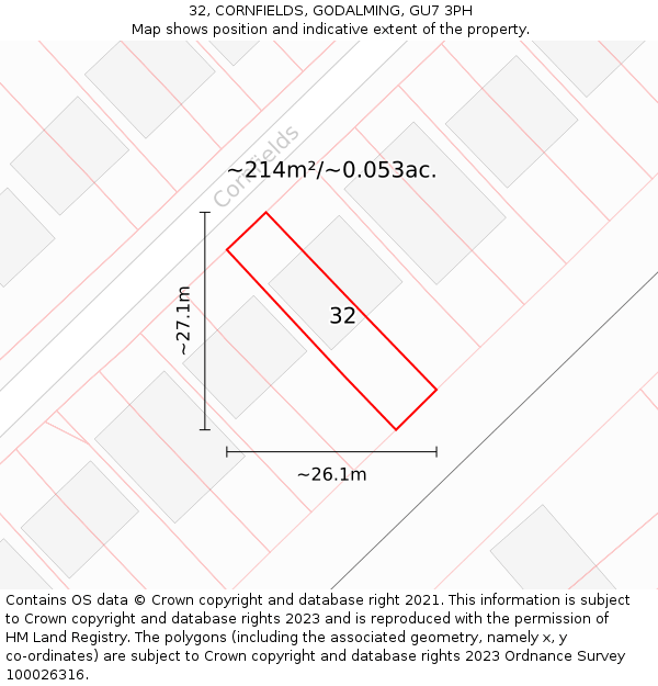 32, CORNFIELDS, GODALMING, GU7 3PH: Plot and title map