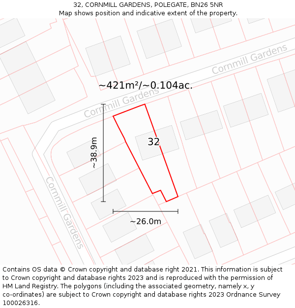 32, CORNMILL GARDENS, POLEGATE, BN26 5NR: Plot and title map