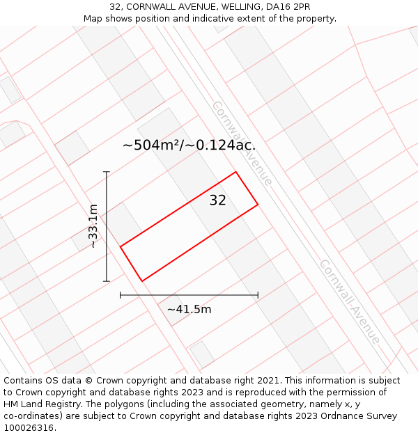 32, CORNWALL AVENUE, WELLING, DA16 2PR: Plot and title map