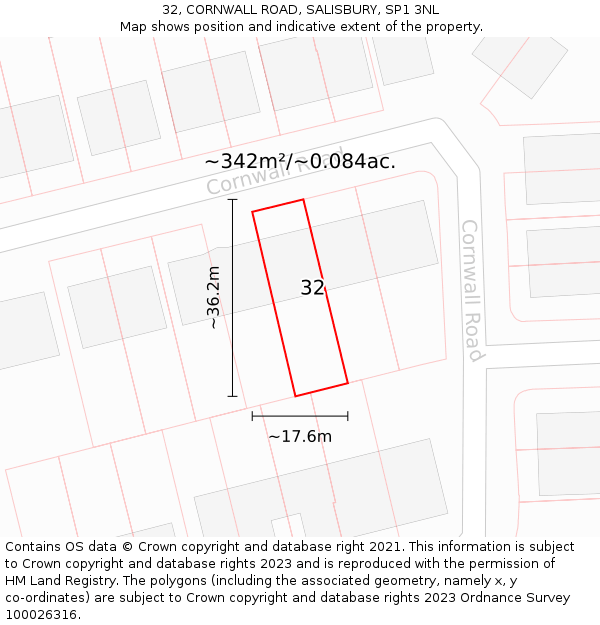 32, CORNWALL ROAD, SALISBURY, SP1 3NL: Plot and title map