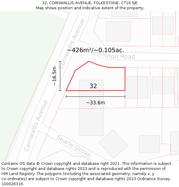 32, CORNWALLIS AVENUE, FOLKESTONE, CT19 5JE: Plot and title map