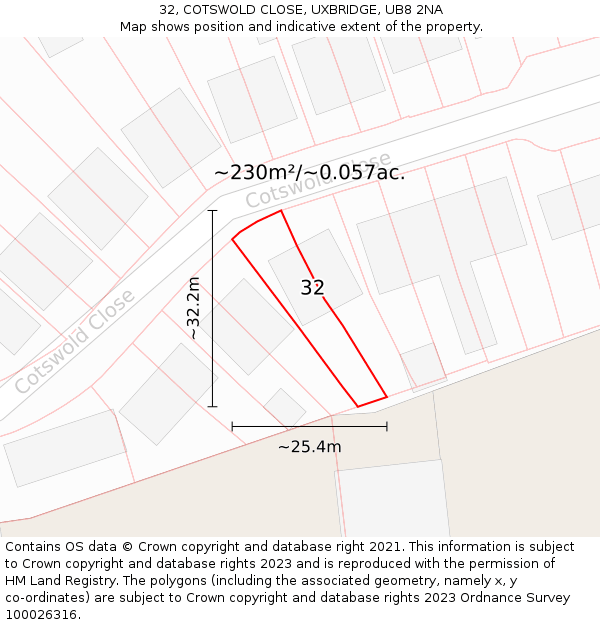 32, COTSWOLD CLOSE, UXBRIDGE, UB8 2NA: Plot and title map