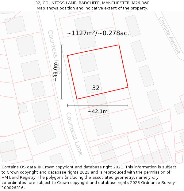 32, COUNTESS LANE, RADCLIFFE, MANCHESTER, M26 3WF: Plot and title map