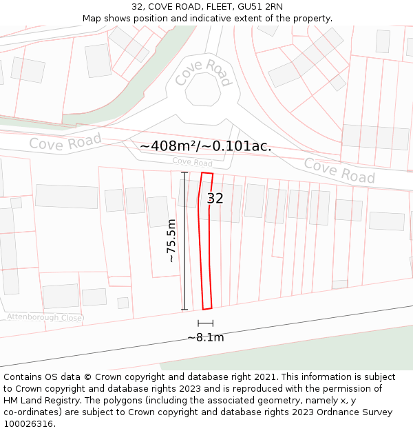 32, COVE ROAD, FLEET, GU51 2RN: Plot and title map
