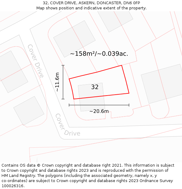 32, COVER DRIVE, ASKERN, DONCASTER, DN6 0FP: Plot and title map