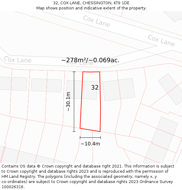 32, COX LANE, CHESSINGTON, KT9 1DE: Plot and title map