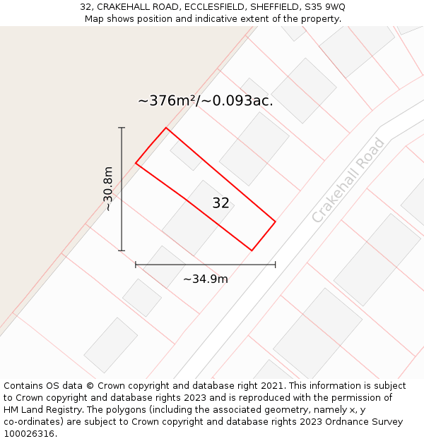 32, CRAKEHALL ROAD, ECCLESFIELD, SHEFFIELD, S35 9WQ: Plot and title map