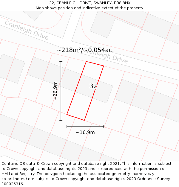 32, CRANLEIGH DRIVE, SWANLEY, BR8 8NX: Plot and title map